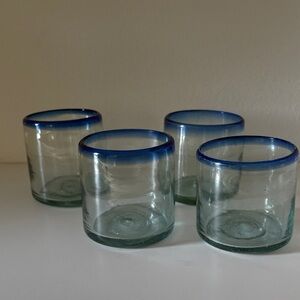 Vintage hand blown  Mexican Set of 4 Blue Rimmed Glass Tumblers